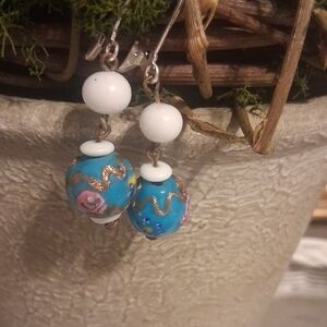 Chic Floral Blue and White Earrings